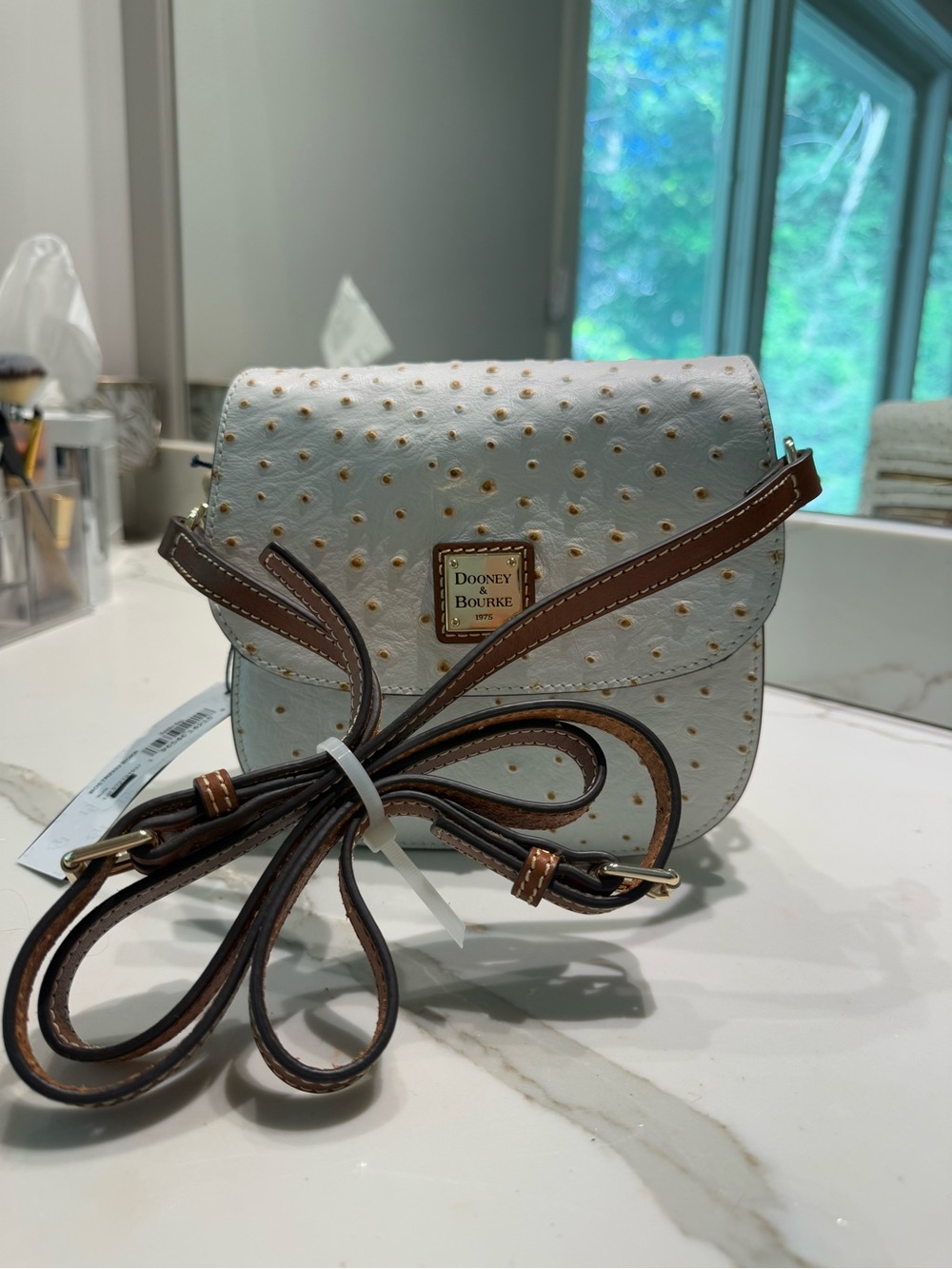 Dooney & Bourke White Crossbody with Brown Trim and Gold Studs